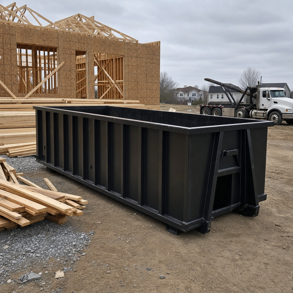Matte-black 40-yard roll-off dumpster staged on a framed-out residential construction site in Camden, framing lumber stacked nearby, hooklift delivery truck visible in the background under bright Colorado daylight
