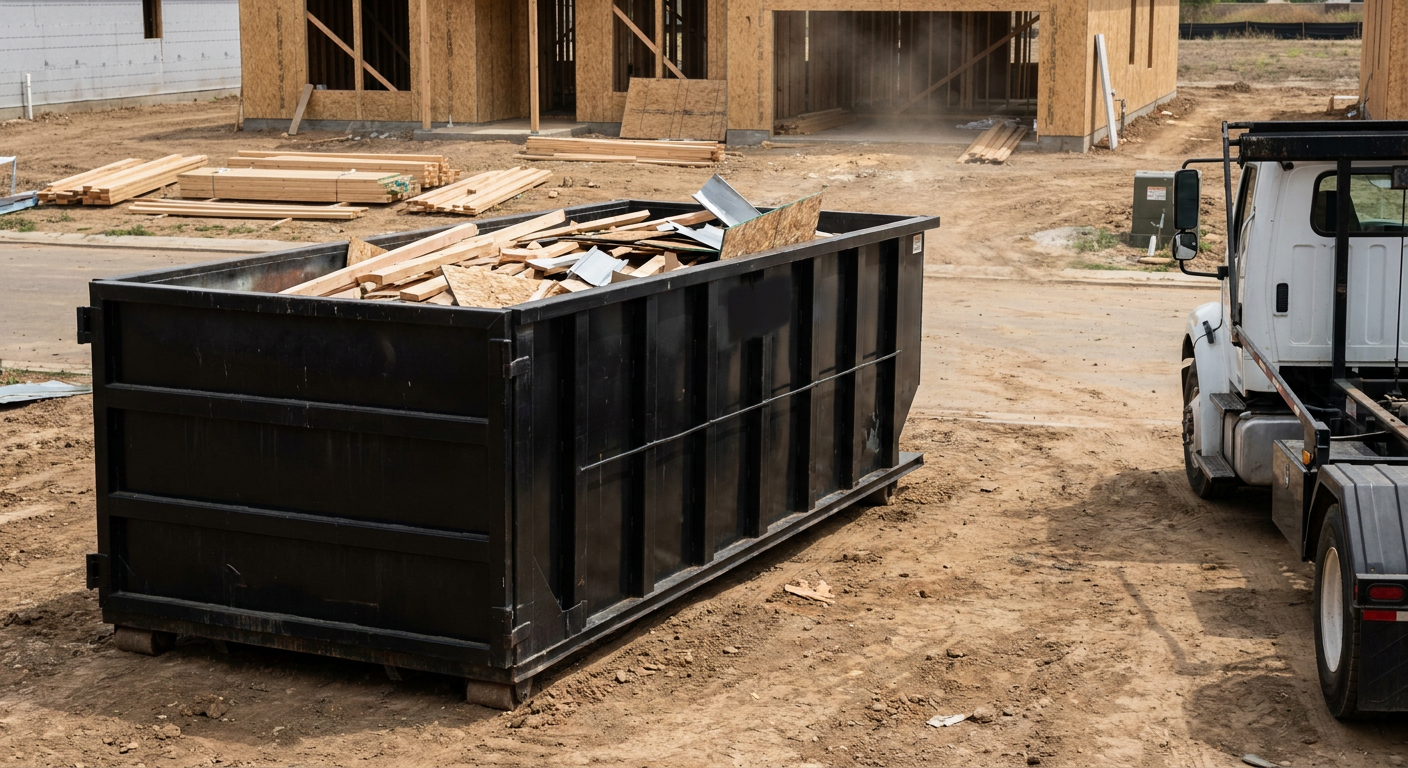 Matte-black 20-yard roll-off construction dumpster with heavy ribbed steel sidewalls and swing rear doors at a working jobsite in Camden, sitting directly on compacted dirt with an unmarked white hauler partially visible at the far edge of the frame.