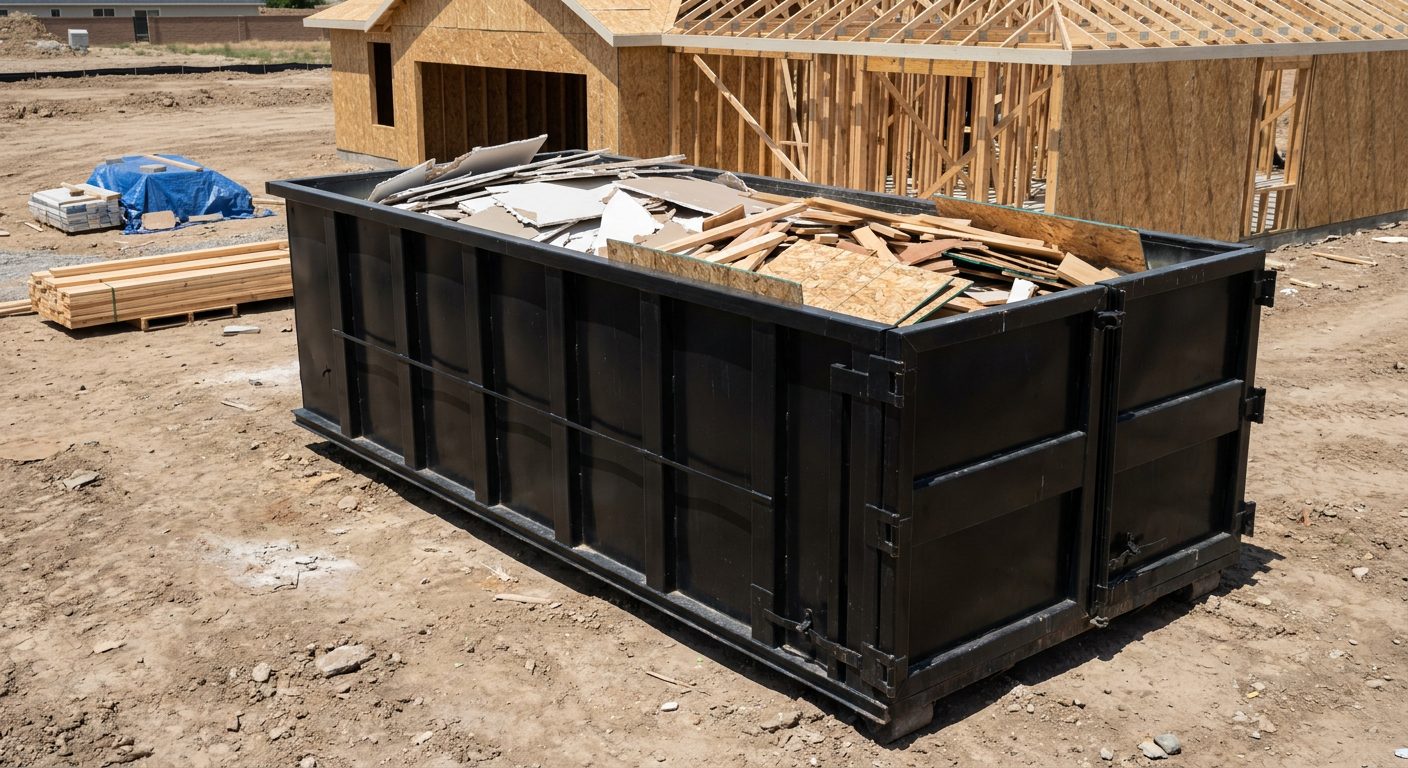 Matte-black 30-yard roll-off construction dumpster sitting directly on the compacted-dirt site of a framed single-family home build in Camden, drywall and lumber scrap loaded inside.