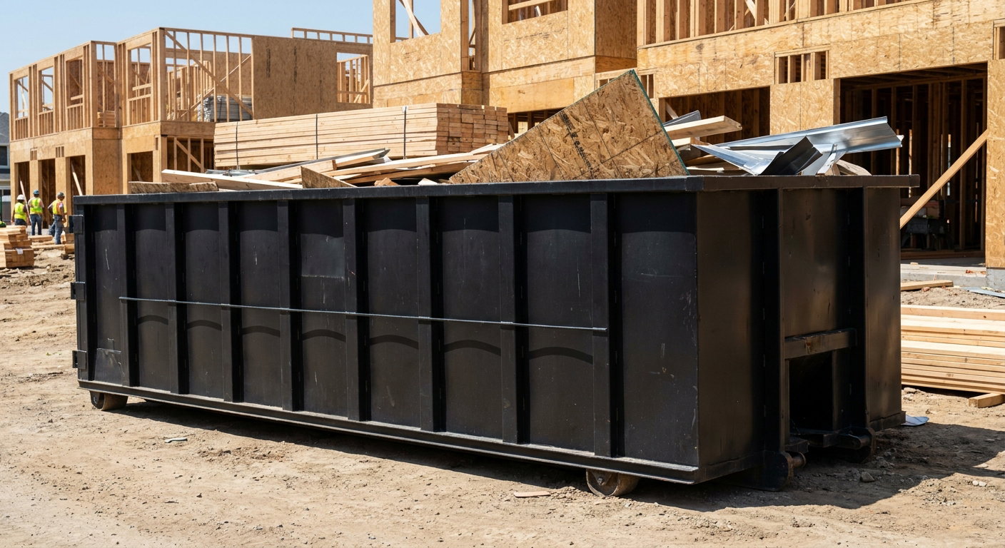 Matte-black 40-yard roll-off construction dumpster being lowered from a white-cab hooklift delivery truck onto the compacted-dirt jobsite at a commercial build site in Camden