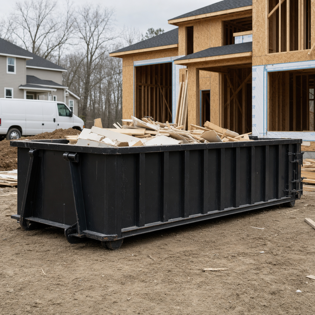 Worker in a yellow high-visibility vest tossing framing lumber and broken drywall into a matte-black 30-yard construction roll-off dumpster on an active build site in Camden, bright daylight