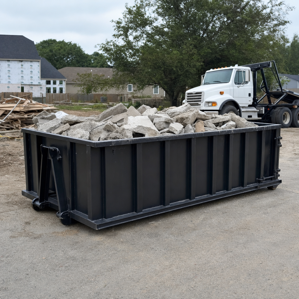 Low-profile matte-black lowboy roll-off dumpster loaded with broken concrete slab and rebar at a foundation tear-out in Camden, skid steer parked beside it, sunny Colorado morning