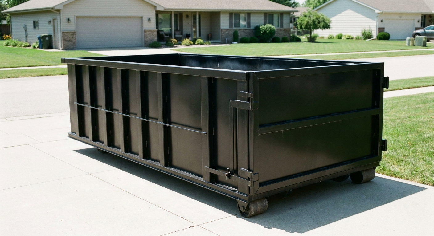 Matte-black 10-yard roll-off dumpster on a residential concrete driveway in Camden, uniformly painted matte black across every panel and rail, ribbed steel sidewalls and rear swing door visible, mid-day daylight.