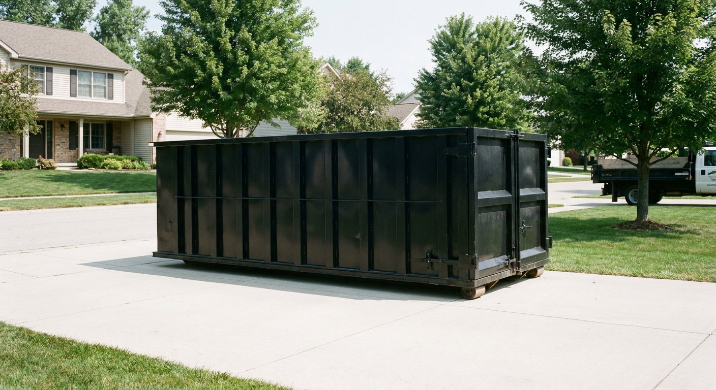 Matte-black 20-yard roll-off dumpster sitting level on a clean Camden residential concrete driveway under bright daylight, demonstrating clean placement directly on the concrete.