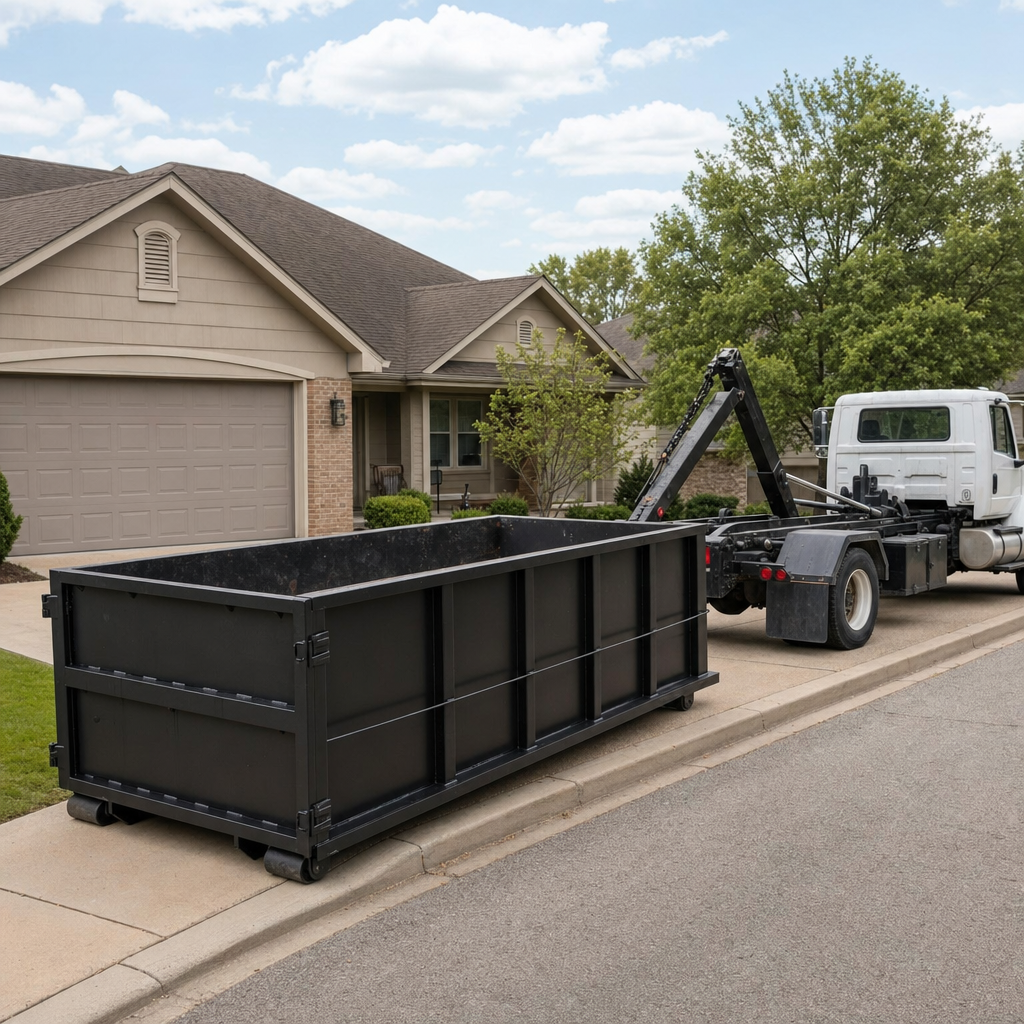 Wide documentary shot of a matte-black roll-off dumpster on a Camden residential driveway in the foreground and a contractor jobsite container in the soft-focus background, bright daylight, calm and orderly composition.