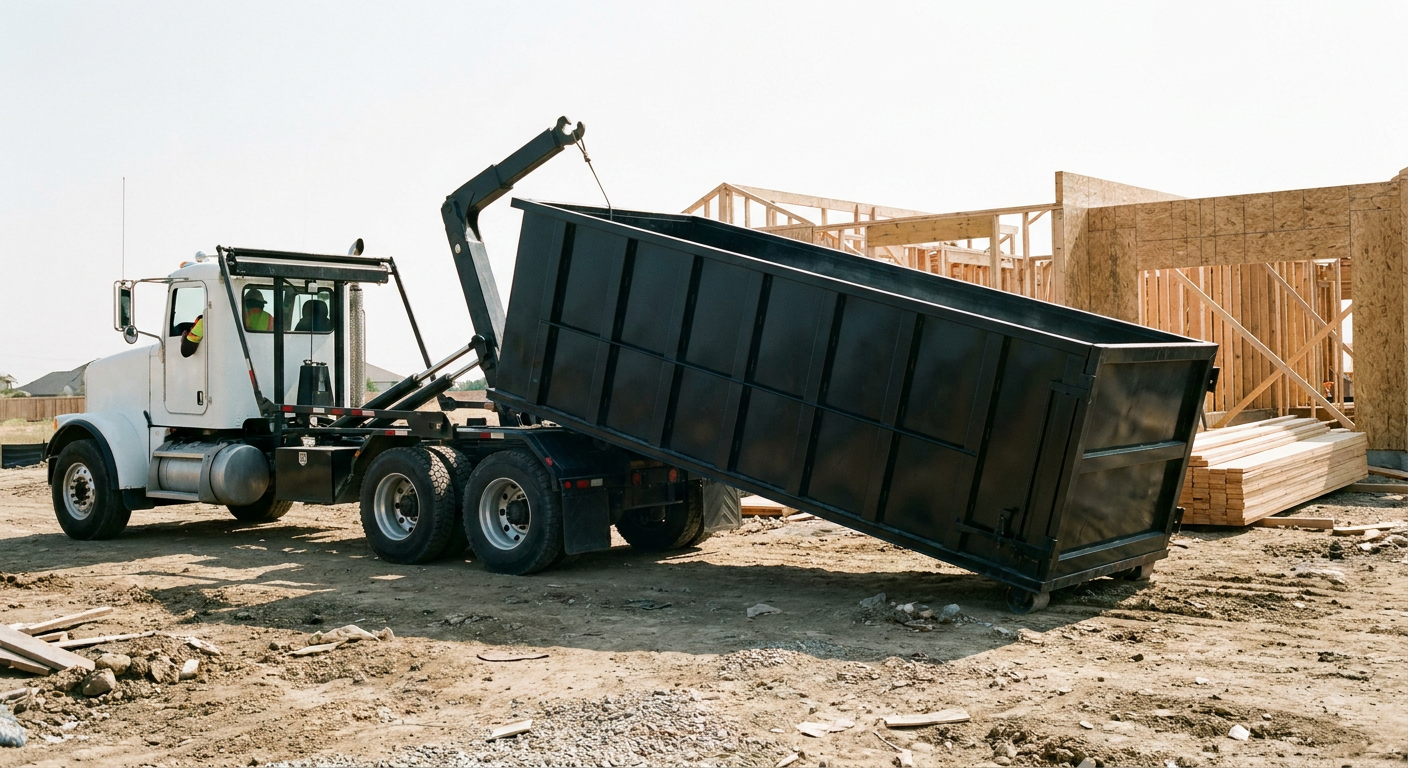 Matte-black roll-off dumpster being delivered onto a clean residential concrete driveway in Camden by an unmarked white hooklift hauler truck, bright morning daylight, documentary 35mm perspective.