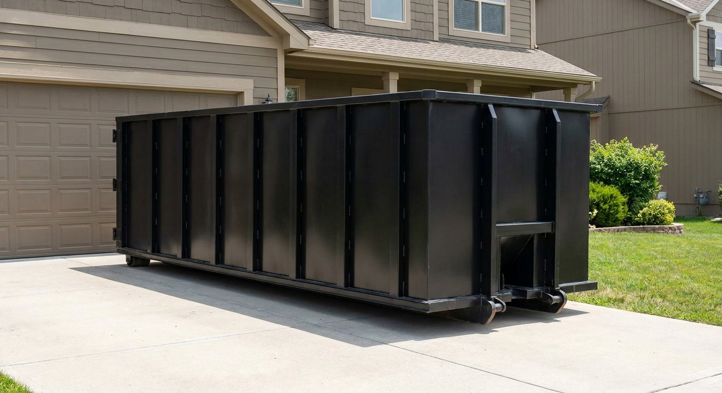 Matte-black residential roll-off dumpster sitting directly on a suburban Camden concrete driveway, garage door closed, single-family home in background, bright morning daylight.