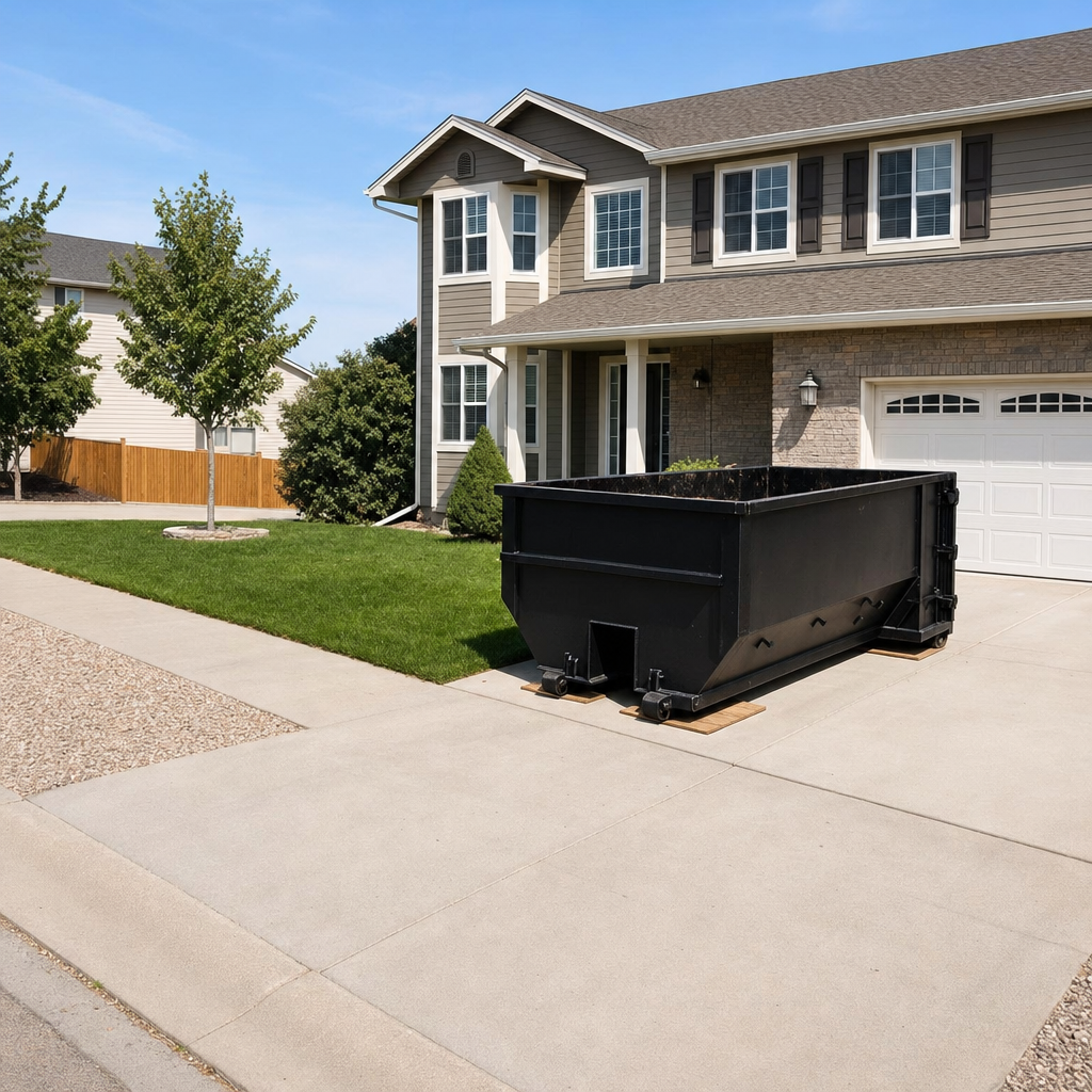 10-yard matte-black residential dumpster placed directly on a narrow Camden concrete driveway, room remains for a parked sedan beside it, mid-morning natural light