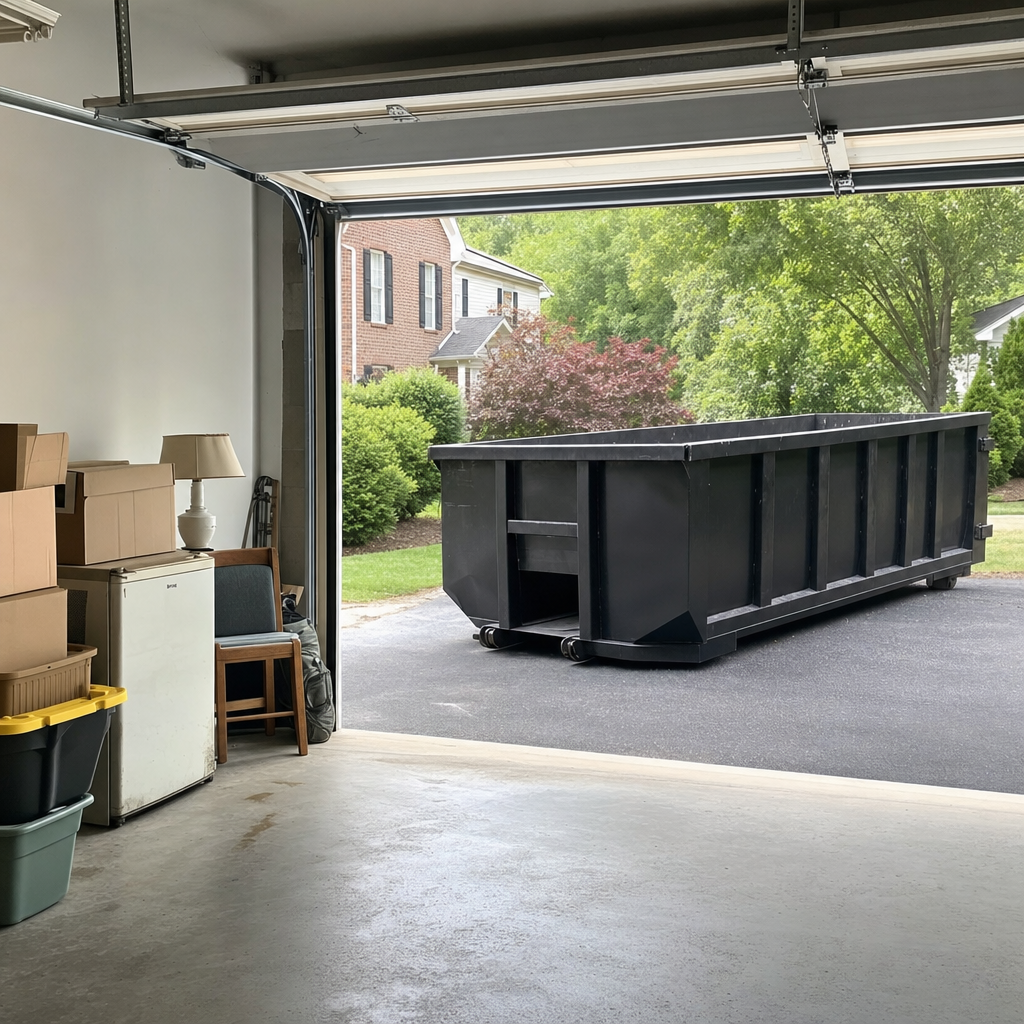 Open garage interior in a Camden home mid-cleanout — boxed items, an old appliance, and stacked yard tools queued near the driveway for a matte-black roll-off dumpster, organized and calm