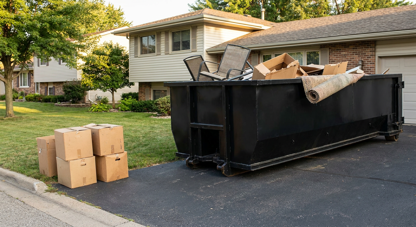 Front-yard view of a Camden split-level home with a 20-yard matte-black roll-off dumpster sitting directly on the asphalt driveway, a few clearly labeled donation boxes staged at the curb, calm sunny afternoon.