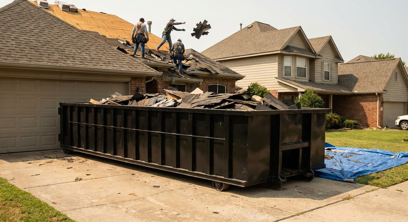 Matte-black roofing roll-off dumpster placed directly on a Camden residential concrete driveway, a tear-off crew on a two-story asphalt-shingle roof tossing shingle bundles into the low-walled container, bright daylight, documentary 35mm perspective.