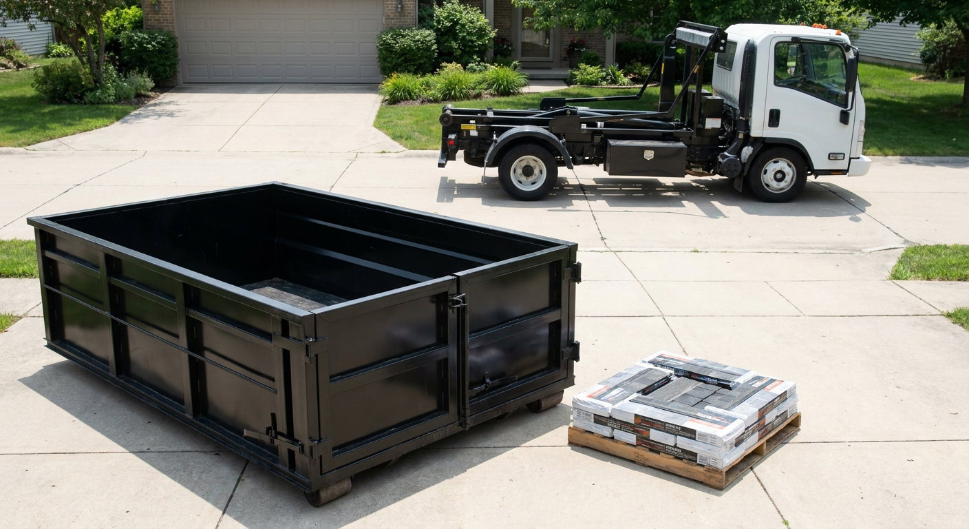 Matte-black 15-yard roofing roll-off dumpster with reinforced low side walls sitting directly on a Camden residential concrete driveway, three-tab asphalt shingle bundles stacked nearby, an unmarked white hauler truck partially visible at the edge of the frame.