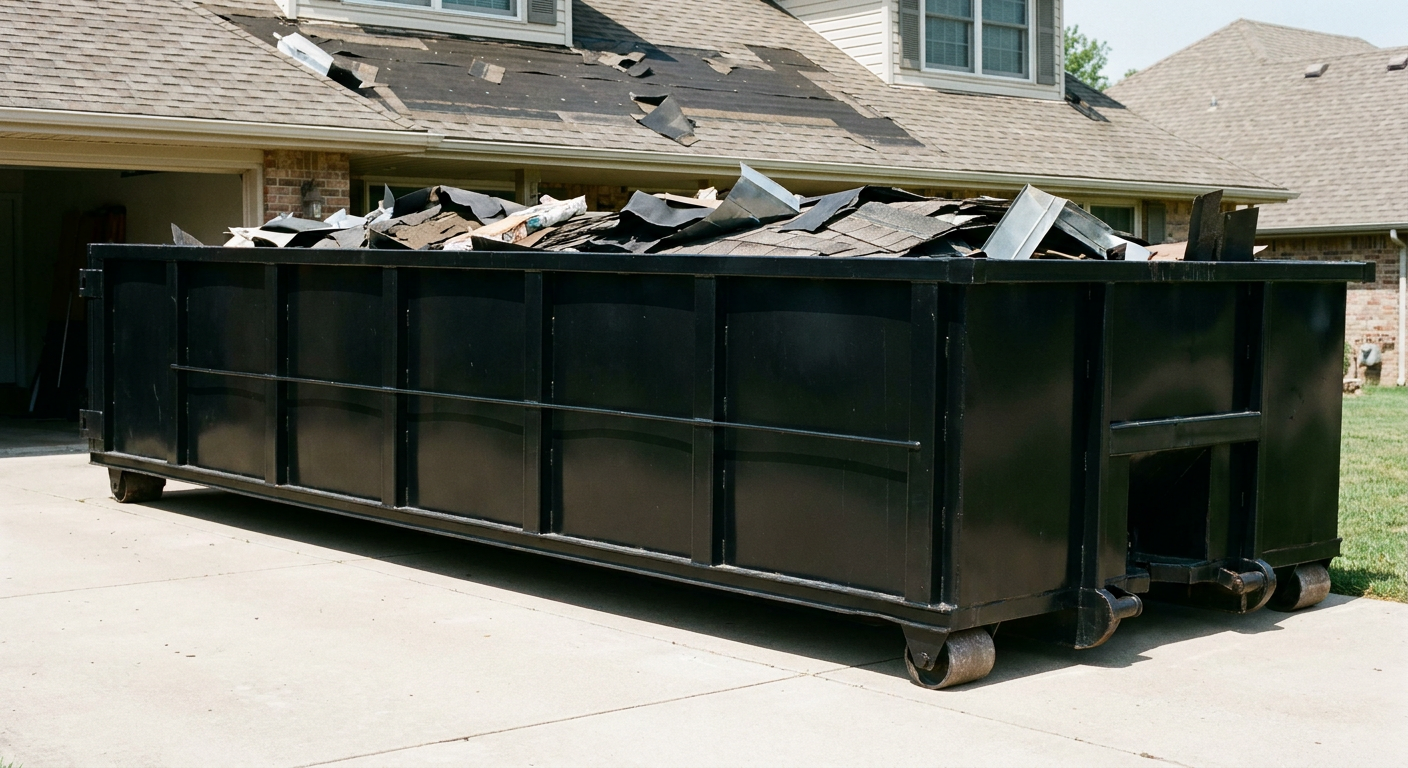 Matte-black 20-yard roofing roll-off dumpster with steel ribbed sides and swinging rear door, sitting directly on the concrete driveway of a two-story Camden home, asphalt shingle debris being loaded over the low wall, clean documentary lighting.