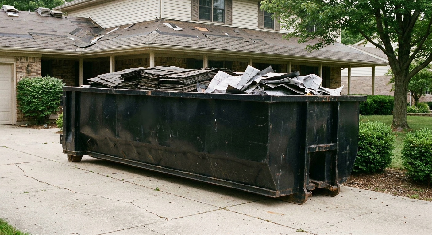 Matte-black 30-yard roofing roll-off dumpster sitting directly on a Camden concrete driveway, taller ribbed steel side panels, mixed tear-off debris of asphalt shingles and underlayment inside, professional documentary daylight.