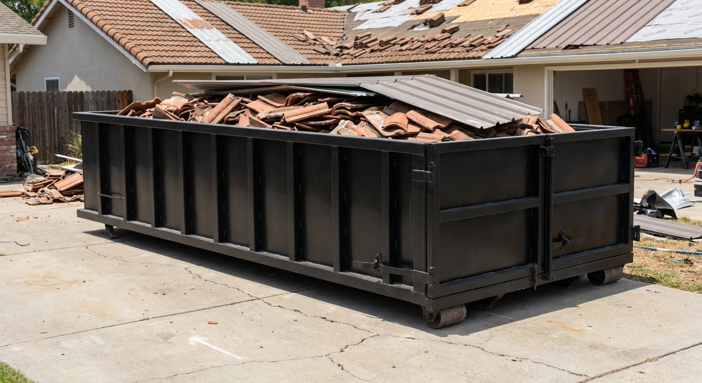 Matte-black low-wall heavy-debris roofing roll-off dumpster sitting directly on a Camden concrete driveway, broken concrete clay roof tiles and metal panel sections loaded inside, reinforced ribbed steel side walls visible, bright outdoor daylight.