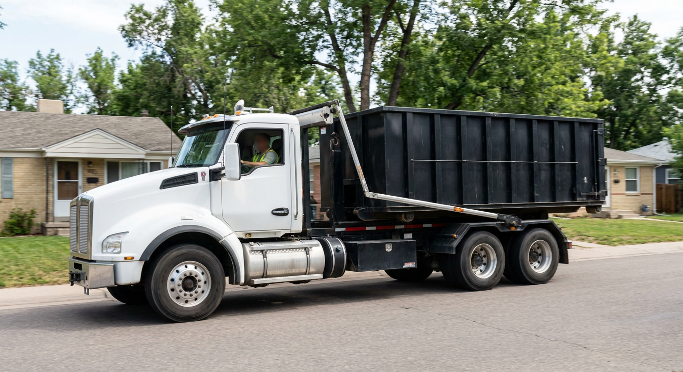 A wide documentary shot of a matte-black roll-off delivery truck pulling onto a quiet Camden residential street at mid-morning, with neighborhood rooftops and tree-lined blocks visible behind, showing the metro coverage footprint.