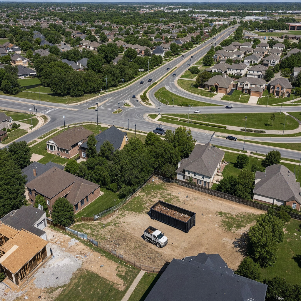An overhead documentary view of the Camden metro area at midday, showing the spread of neighborhoods, arterial roads, and the dispatch radius from a central yard — clean daylight, organized geographic layout.