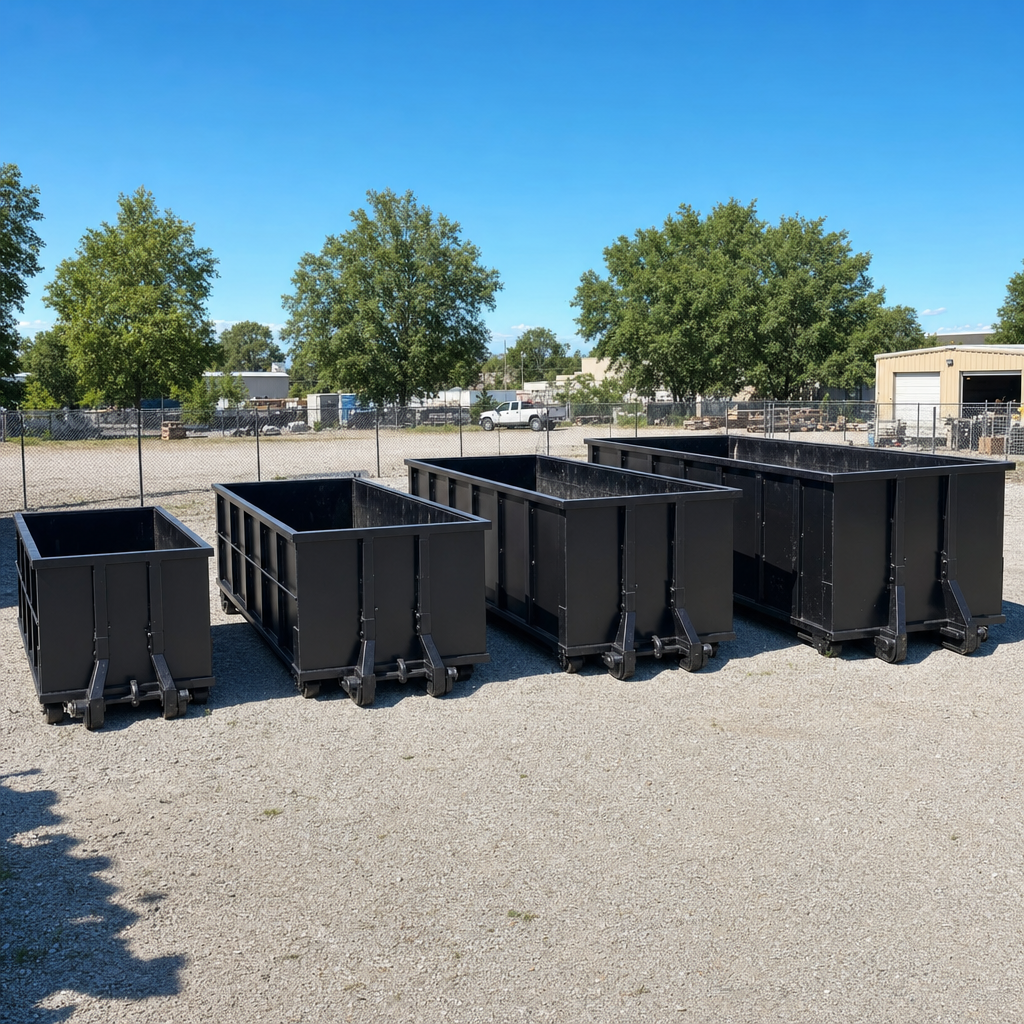 A clean lineup of matte-black roll-off dumpsters in 10, 20, 30, and 40-yard sizes staged on a sunlit gravel yard in Camden, showing the size progression from compact to commercial-scale containers.