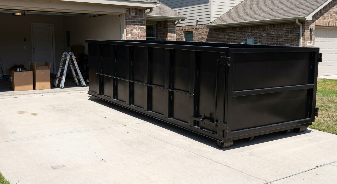 A matte-black 10-yard roll-off dumpster sitting directly on a residential Camden concrete driveway, mid-day sunlight, clean and ready for a garage cleanout.