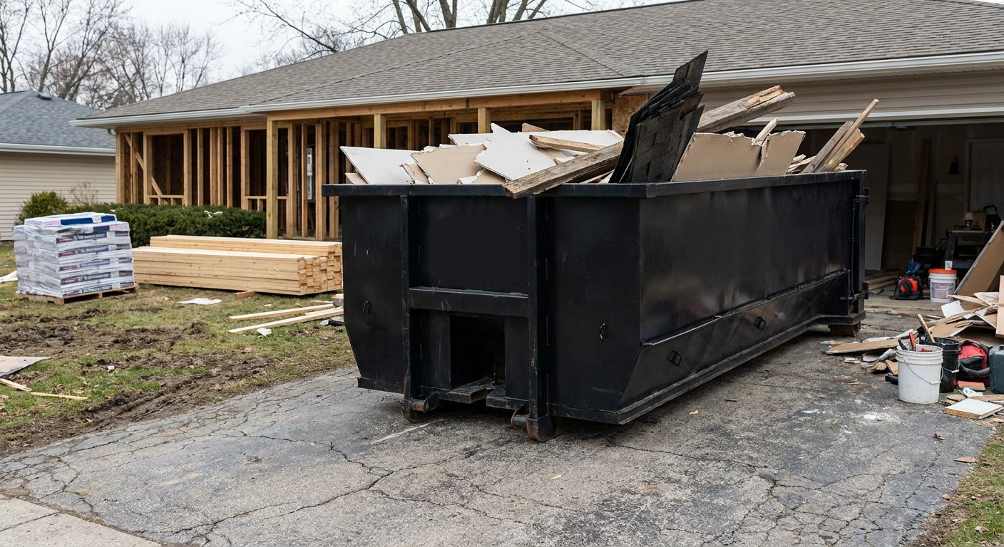 A matte-black 20-yard roll-off dumpster placed alongside a mid-renovation Camden home directly on the asphalt driveway, with framing materials and torn-off shingles staged neatly nearby.