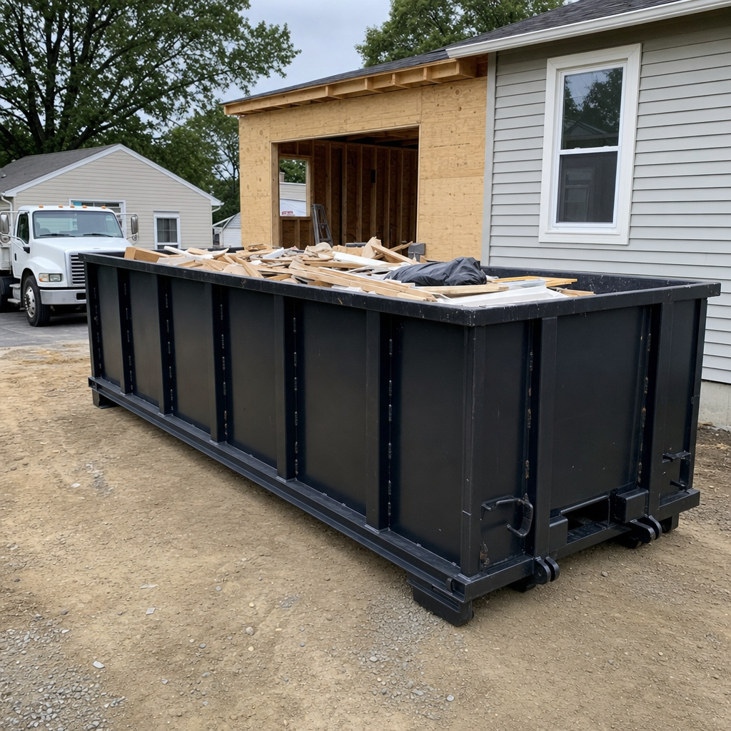 A matte-black 30-yard roll-off dumpster positioned at a Camden residential addition jobsite, with framing lumber and drywall scraps loaded through the open swinging rear doors.