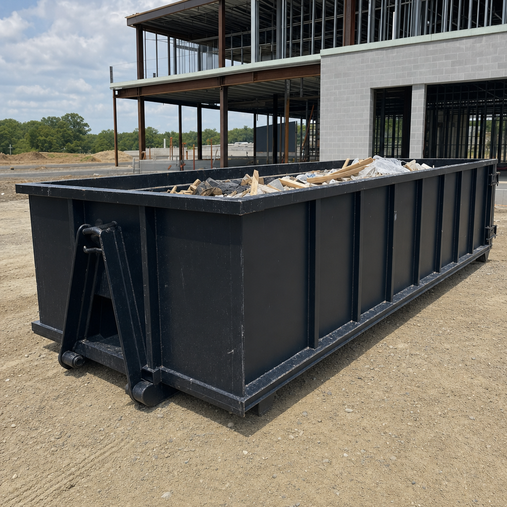 A matte-black 40-yard roll-off dumpster staged on a large Camden commercial construction lot, with a hooklift delivery truck parked alongside under bright midday sky.
