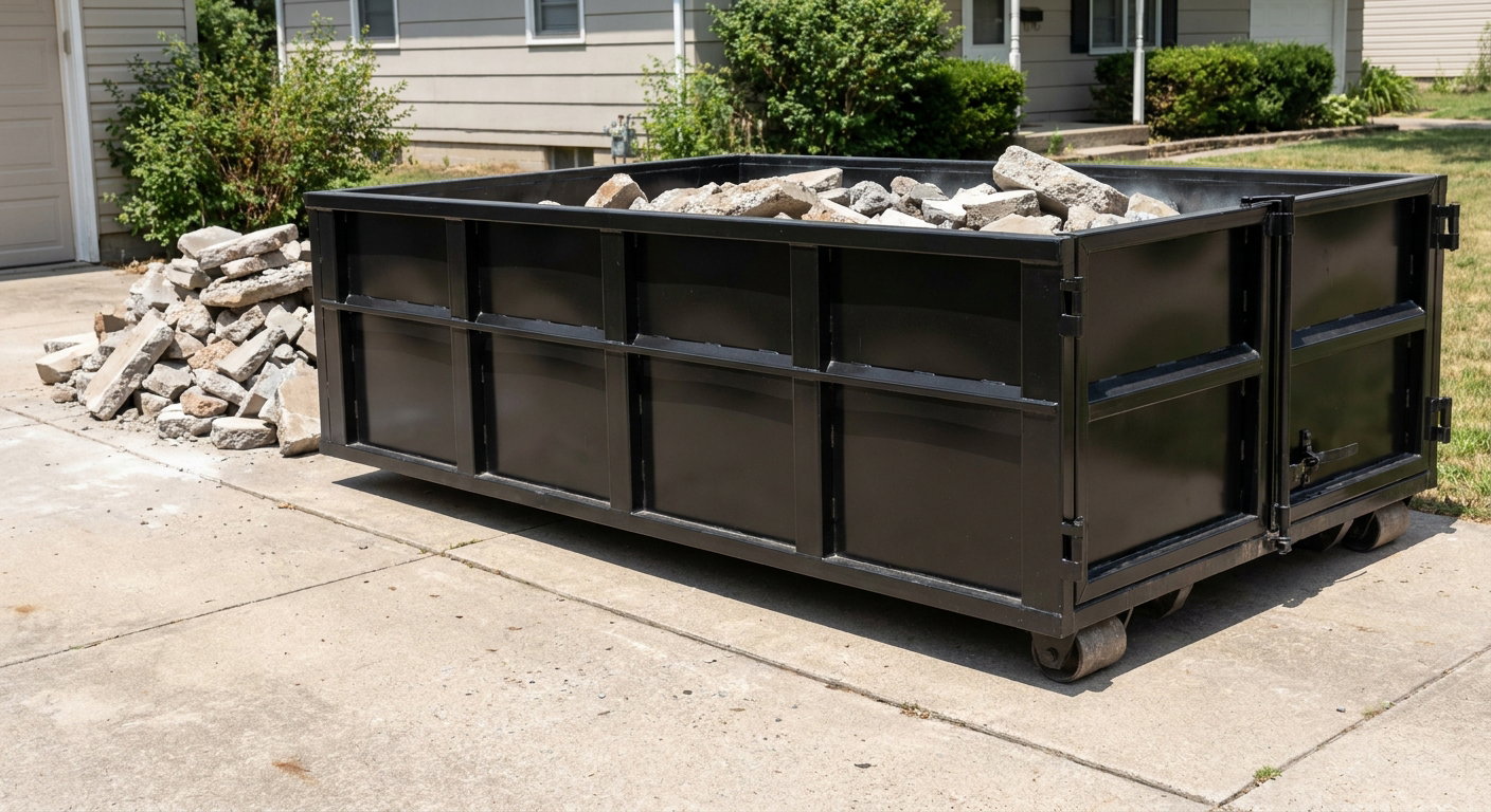 A matte-black low-side heavy-debris roll-off dumpster placed directly on a Camden concrete driveway, with broken concrete chunks neatly stacked beside it under clean daylight.